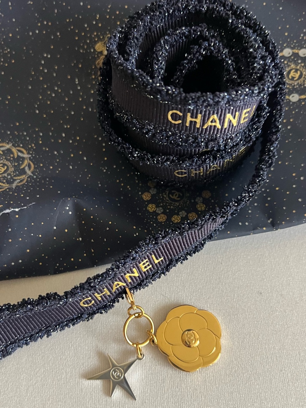 CHANEL Blue Ribbon Rope Charm Gold Camellia with silver Star New